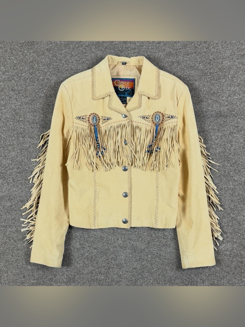 Cripple Creek Tan Suede Leather Fringe Western Jacket Womens L Beaded Medallions - Picture 2 of 15